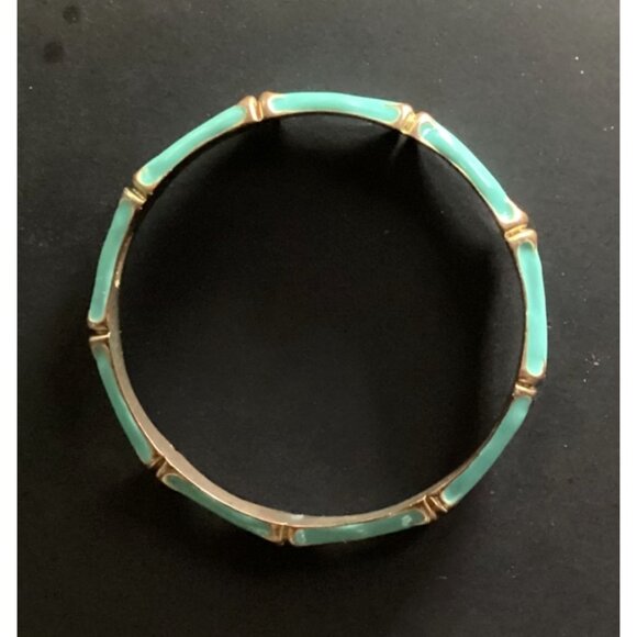 Vtg Fornash Gold Tone Metal and Pastel Teal Enamel Bangle Bracelet Bamboo Design - Picture 9 of 9
